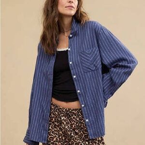 Aerie Flannel Oversized Blue Striped Pajama Top